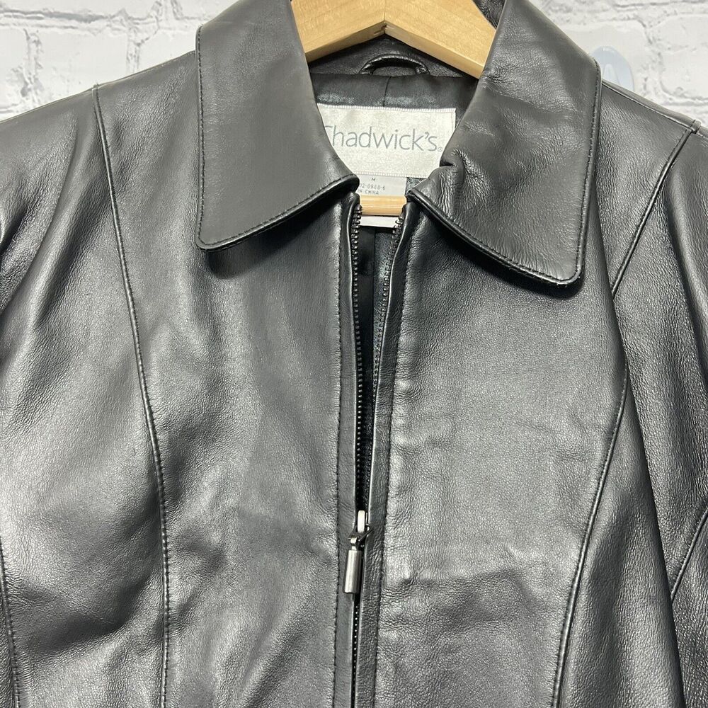 Chadwicks Leather Jacket M Black Zip Up Minimalism Career Grease Career Normcore